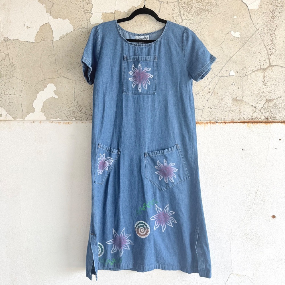 Vintage Denim Midi Dress Hand Painted Floral Art to Wear 90s Shift Rama USA S